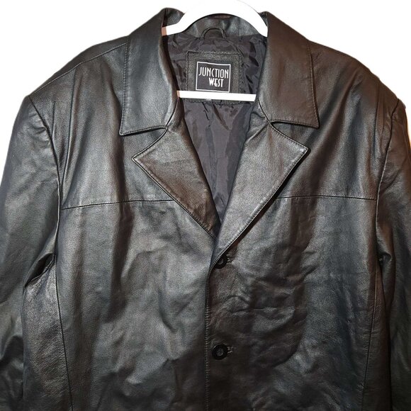 Junction West 100% leather jacket Men's large Black lined Winter fall Buttons - Picture 2 of 16
